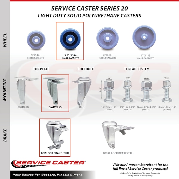 Service Caster 3.5 Inch SS Solid Polyurethane Swivel Top Plate Caster Set with 2 Brakes SCC SCC-SS20S3514-SPUS-2-TLB-2 - main